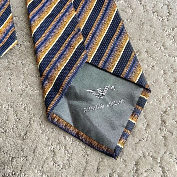 Giorgio Armani Copper and Blue Stripe Handmade 100% Silk Tie - Picture 6 of 6